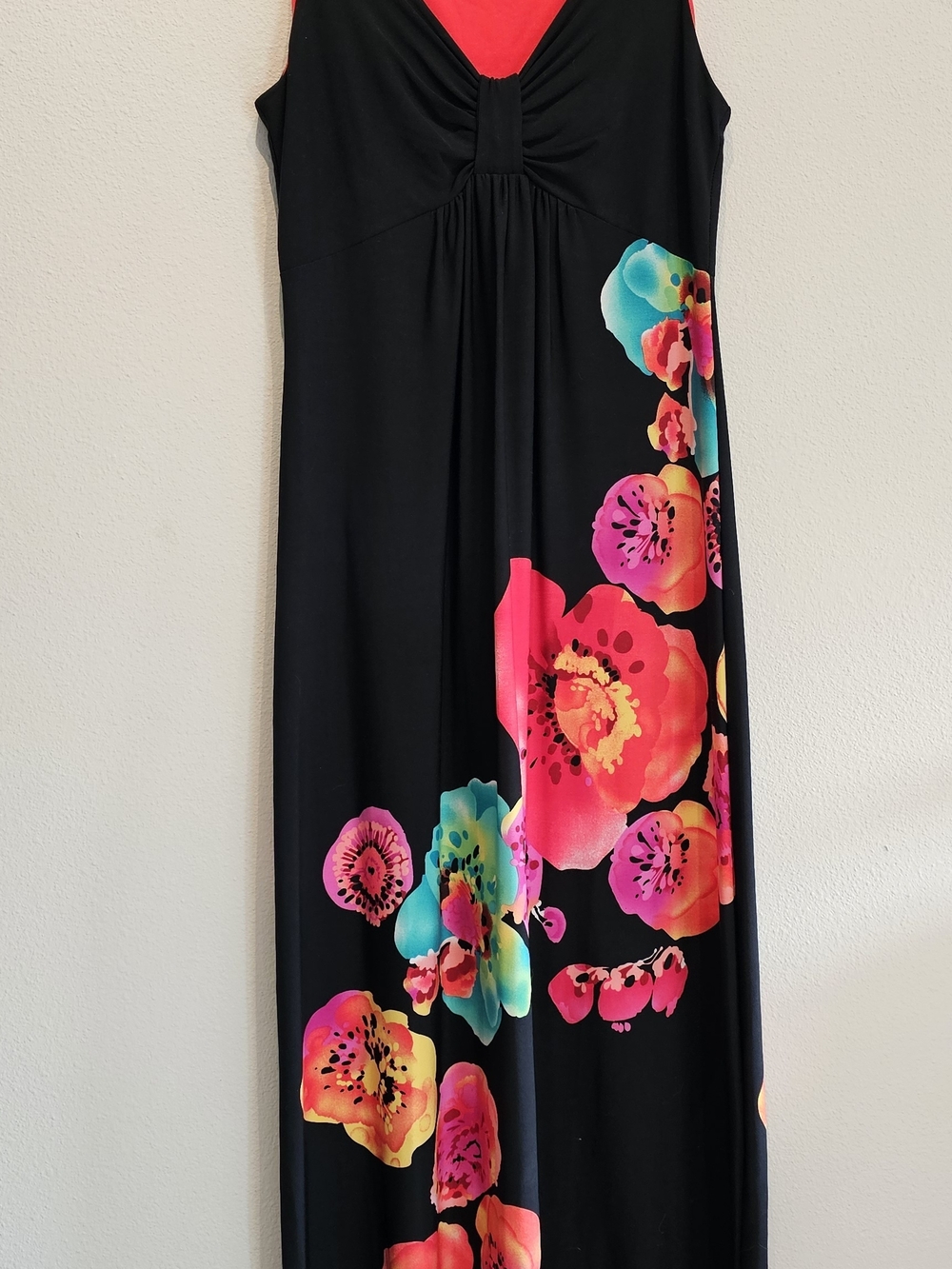 Sandra Darren Black Dress with Bright Colorful Floral Accents, Size 6